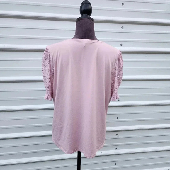Adrianna Papell Pink Pullover Lace Short Sleeves Stretch Square Neck Top Shirt L - Picture 4 of 9